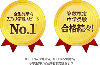 全生徒平均先取り学習スピードNO.1／算数検定中学受験 合格続々！（※2017年12月時点RISU Japan調べ。小学生向け家庭学習教材調査より）