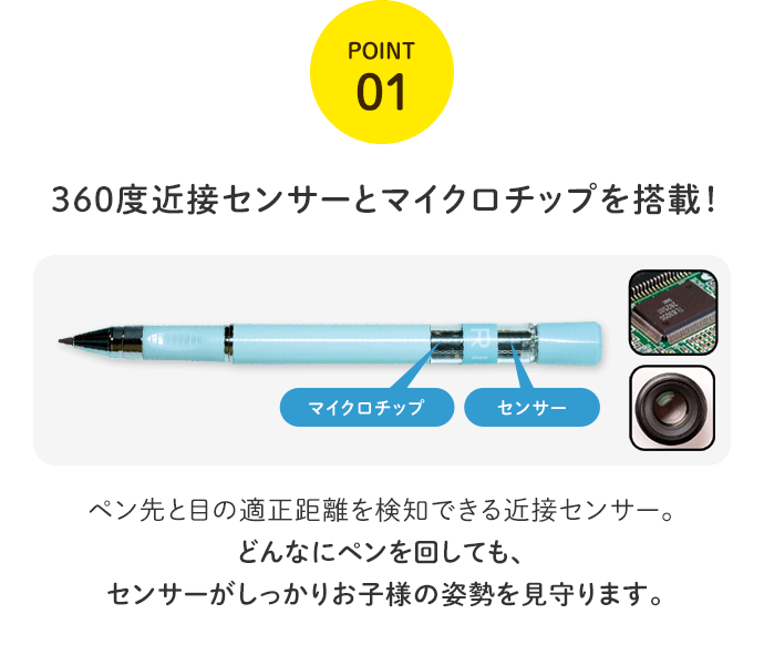 360度近接センサーとマイクロチップを搭載！ペン先と目の適正距離を検知できる近接センサー。どんなにペンを回しても、センサーがしっかりお子様の姿勢を見守ります。