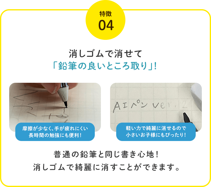 特徴4.消しゴムで消せて「鉛筆の良いところ取り」！普通の鉛筆と同じ書き心地！消しゴムで綺麗に消すことができます。