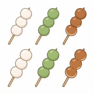 A picture of six skewers of dango. Three dango on each skewer.
