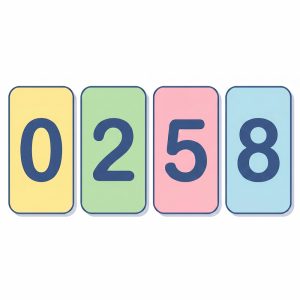 A simple picture of four cards with the numbers 0, 2, 5 and 8 written on them.