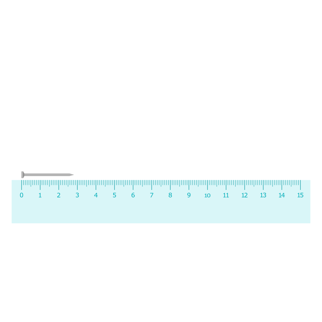 端を定規の端の0に合わせた釘。先端が2cmと8mmのところにある