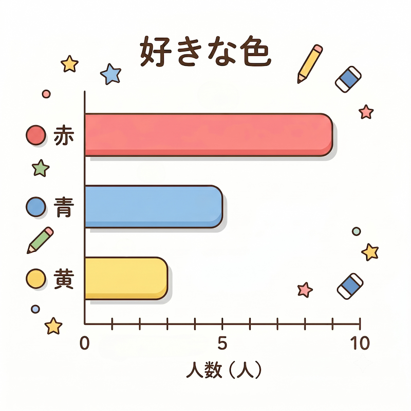A bar graph about Favorite Colors, the horizontal axis represents the number of people, the vertical axis lists Red, Blue, and Yellow, and the bars extend