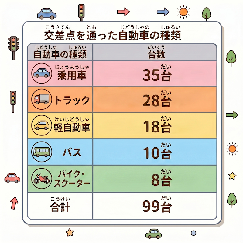 A table showing the types of vehicles that passed through an intersection. The highest figure in the table is 35 vehicles.