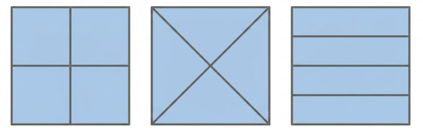 For the square a picture with lines drawn in a cross shape, a picture with two diagonal lines drawn, and a picture with three horizontal lines drawn, dividing it into four equal parts.