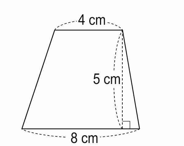 A trapezoid with a top base of 4 cm, a bottom base of 8 cm, and a height of 5 cm