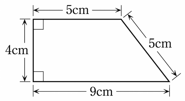 A right trapezoid. The top base is 5 cm, the bottom base is 9 cm, the vertical side (height) is 4 cm, and the other slanted side is 5 cm.