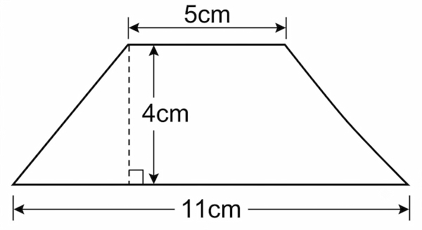 A trapezoid with a top base of 5 cm, a bottom base of 11 cm, and a height of 4 cm.