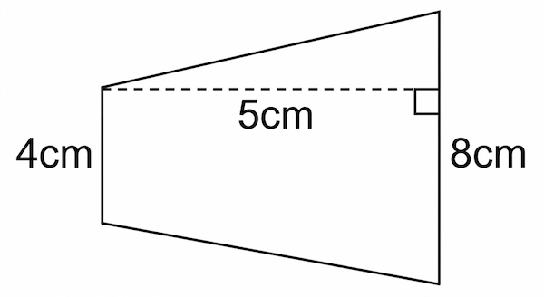 A trapezoid oriented sideways. The parallel sides are vertical (4 cm and 8 cm), and the horizontal length is 5 cm.