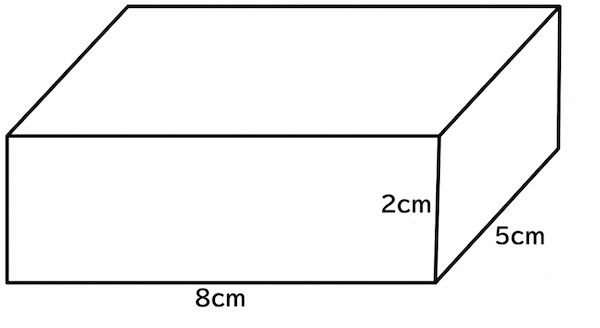 たて5cm、横8cm、高さ2cmの直方体