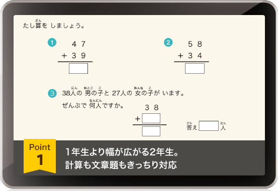 1年生より幅が広がる2年生。計算も文章題もきっちり対応