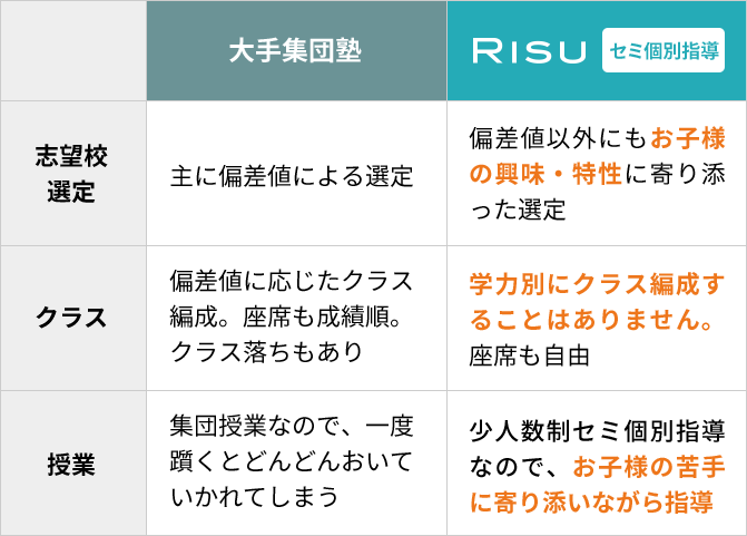 大手集団塾とRISUセミ個別指導の比較