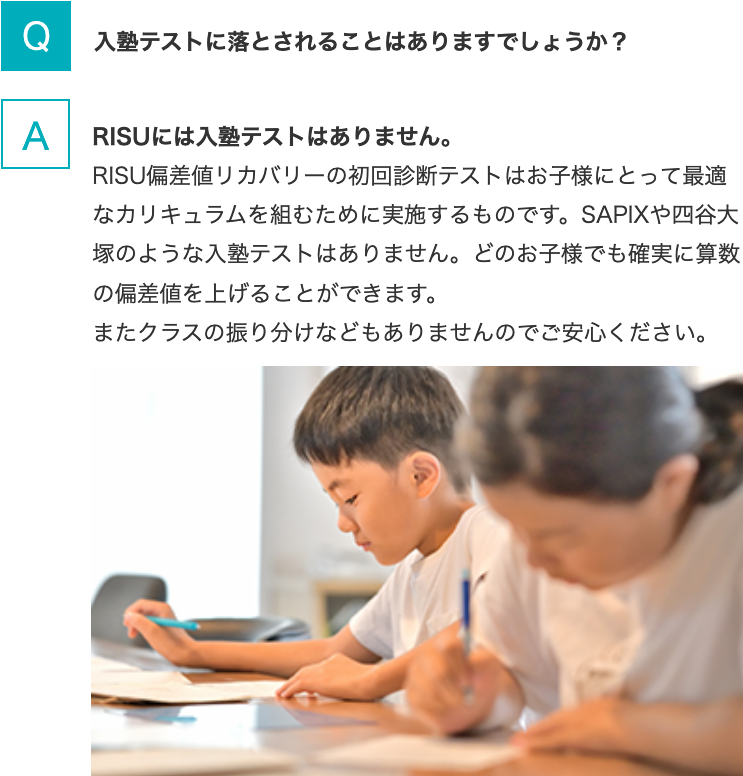 Q.入塾テストに落とされることはありますでしょうか？ A.RISUには入塾テストはありません。RISU偏差値リカバリーの初回診断テストはお子様にとって最適なカリキュラムを組むために実施するものです。SAPIXや四谷大塚のような入塾テストはありません。どのお子様でも確実に算数の偏差値を上げることができます。またクラスの振り分けなどもありませんのでご安心ください。