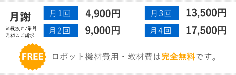 月1回コース 4900円・月2回コース 9000円・月3回コース 13500円・月4回コース 17500円（各税抜き）